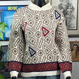 Vintage Fair Isle Geometric Wool Sweater Nordic Pattern Cream Brown Red Blue